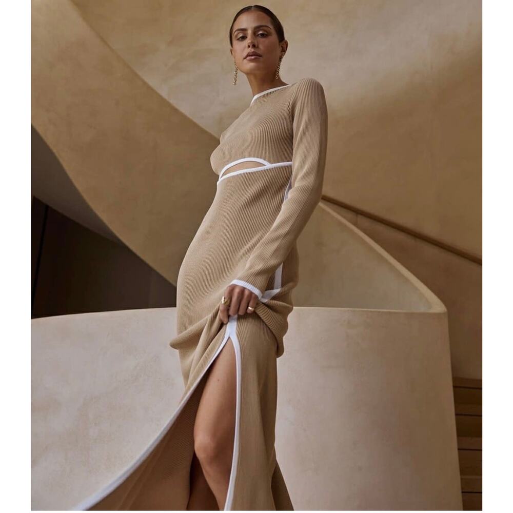 DISSH Binding Wheat Long Sleeve Knit Dress Size Small Cut Out Maxi